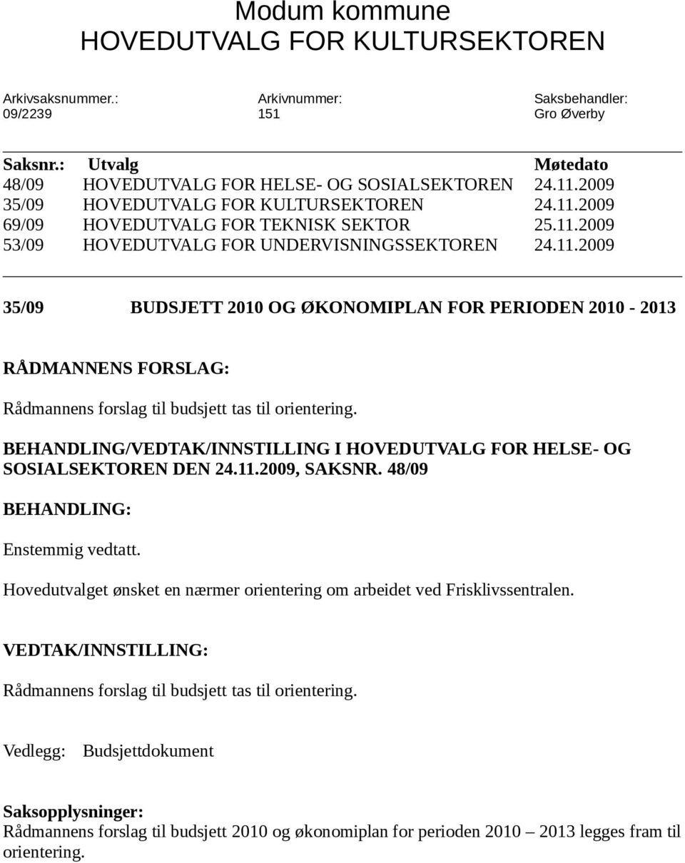 BEHANDLING/VEDTAK/INNSTILLING I HOVEDUTVALG FOR HELSE- OG SOSIALSEKTOREN DEN 24.11.2009, SAKSNR. 48/09 BEHANDLING: Enstemmig vedtatt.