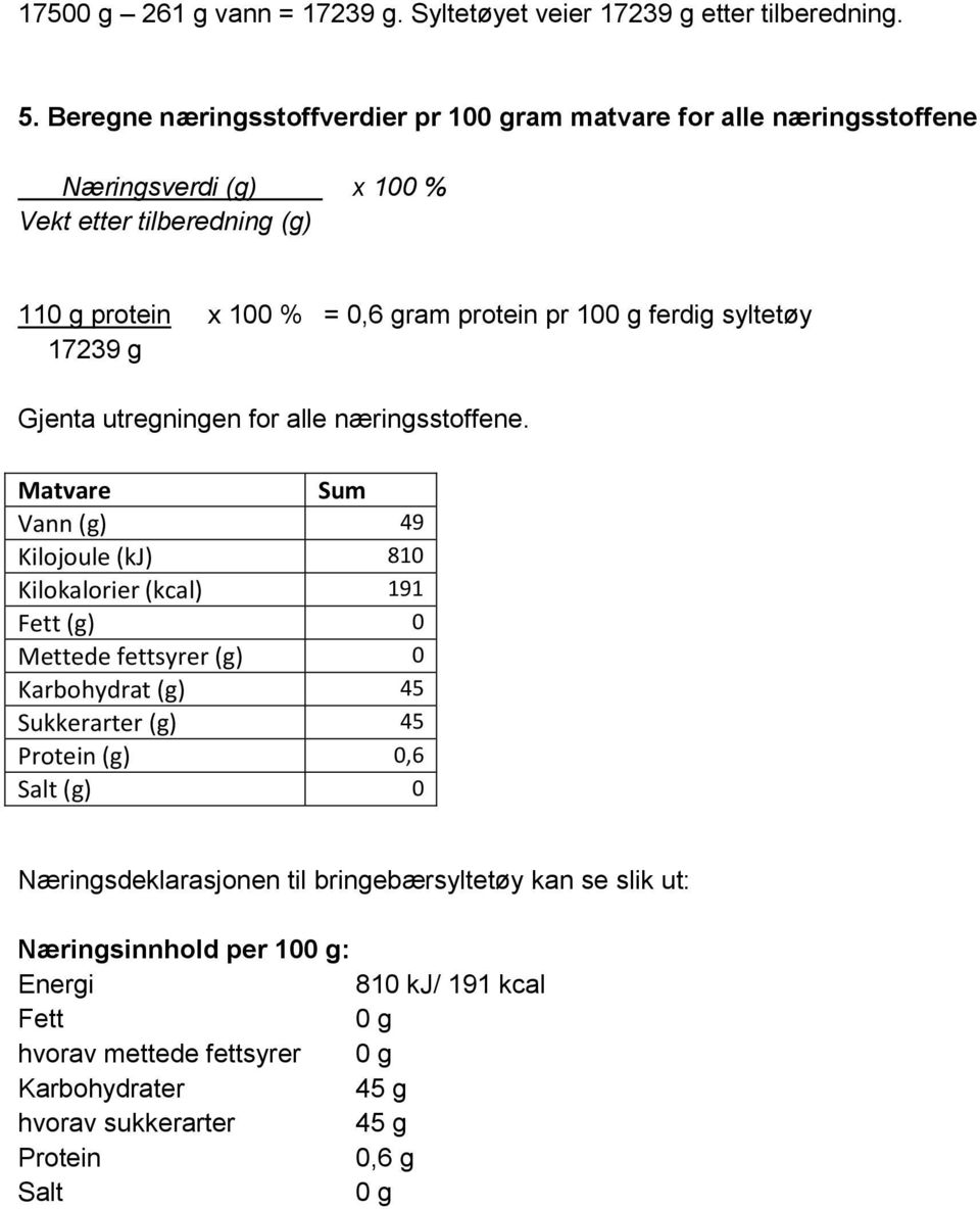 ferdig syltetøy 17239 g Gjenta utregningen for alle næringsstoffene.