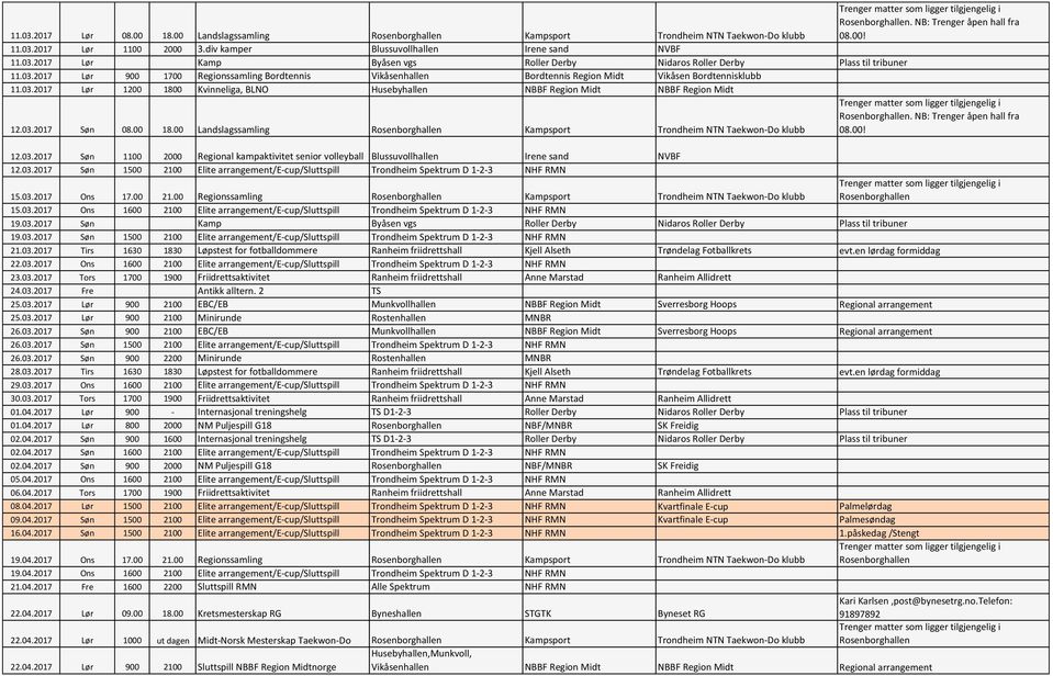 03.2017 Søn 08.00 18.00 Landslagssamling Kampsport Trondheim NTN Taekwon-Do klubb. NB: Trenger åpen hall fra 12.03.2017 Søn 1100 2000 Regional kampaktivitet senior volleyball Blussuvollhallen Irene sand NVBF 12.