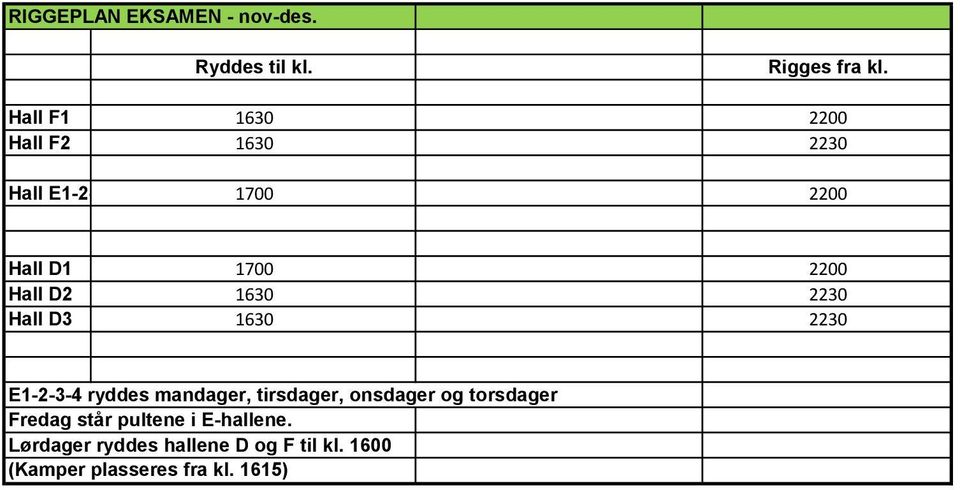 1630 2230 Hall D3 1630 2230 E1-2-3-4 ryddes mandager, tirsdager, onsdager og