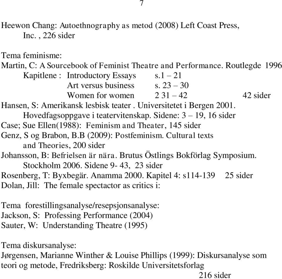 Hovedfagsoppgave i teatervitenskap. Sidene: 3 19, 16 sider Case; Sue Ellen(1988): Feminism and Theater, 145 sider Genz, S og Brabon, B.B (2009): Postfeminism.