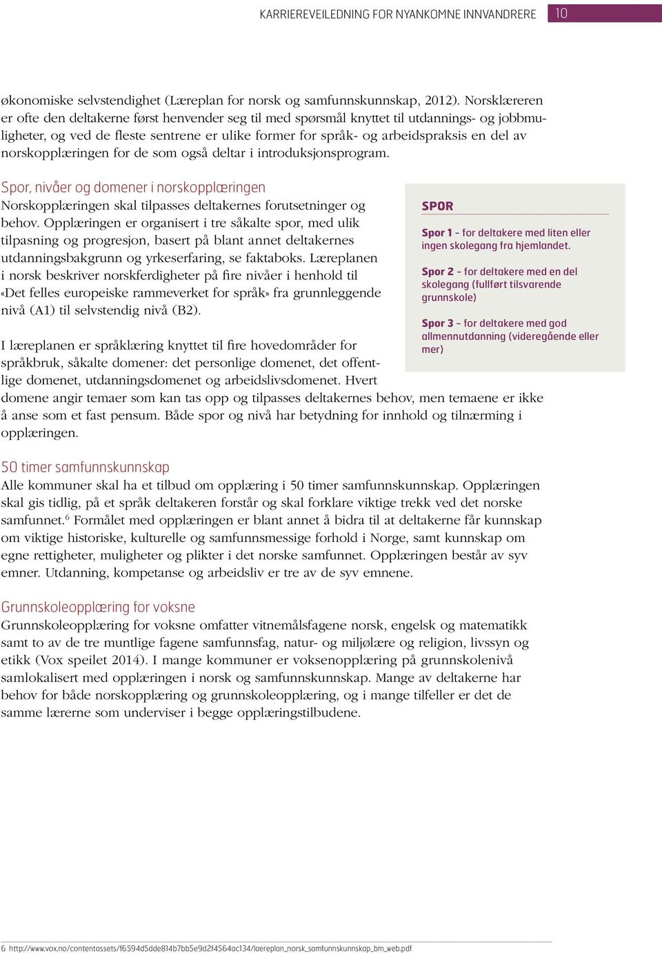 norskopplæringen for de som også deltar i introduksjonsprogram. Spor, nivåer og domener i norskopplæringen Norskopplæringen skal tilpasses deltakernes forutsetninger og behov.