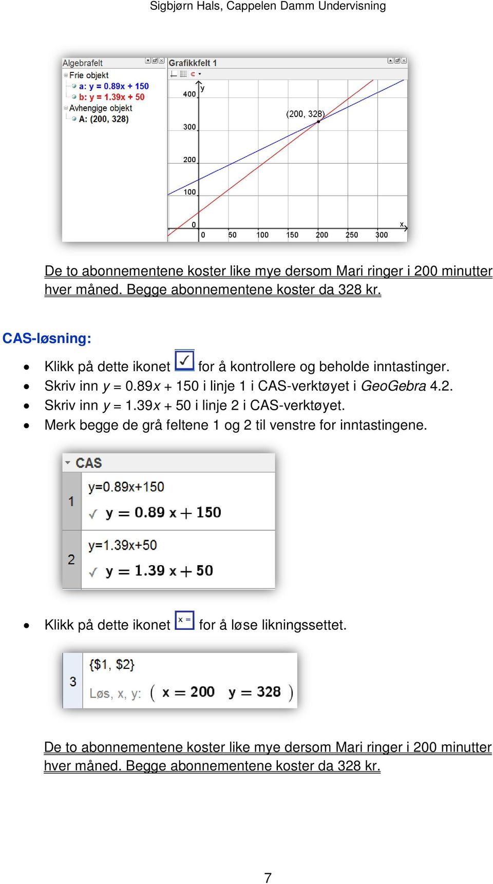 89x + 150 i linje 1 i CAS-verktøyet i GeoGebra 4.2. Skriv inn y = 1.39x + 50 i linje 2 i CAS-verktøyet.