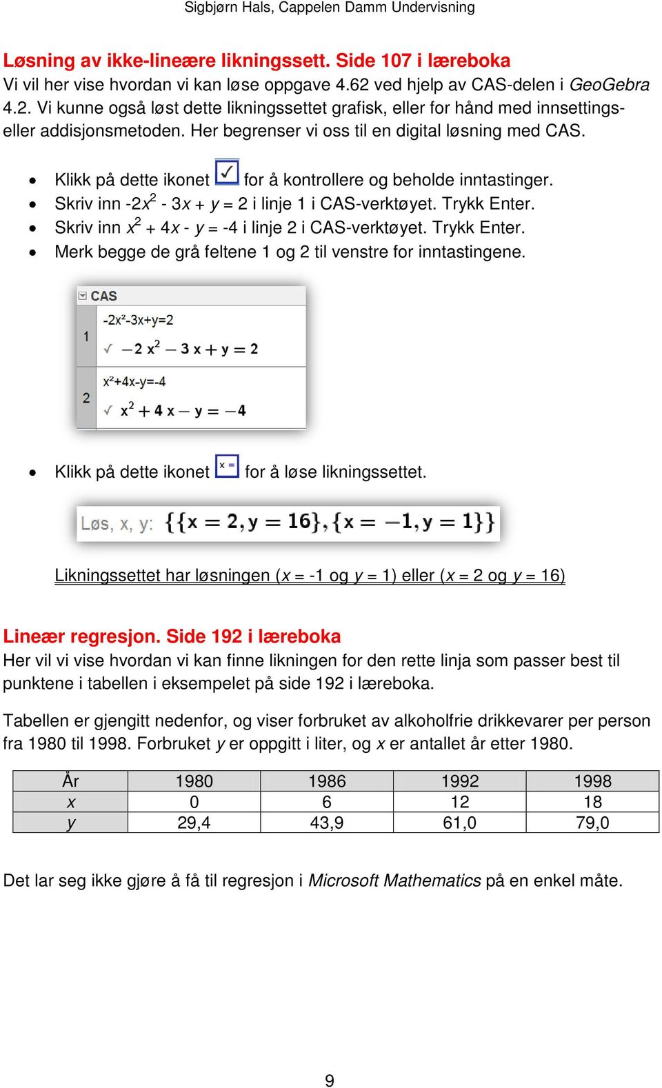 Klikk på dette ikonet for å kontrollere og beholde inntastinger. Skriv inn -2x 2-3x + y = 2 i linje 1 i CAS-verktøyet. Trykk Enter. Skriv inn x 2 + 4x - y = -4 i linje 2 i CAS-verktøyet. Trykk Enter. Merk begge de grå feltene 1 og 2 til venstre for inntastingene.