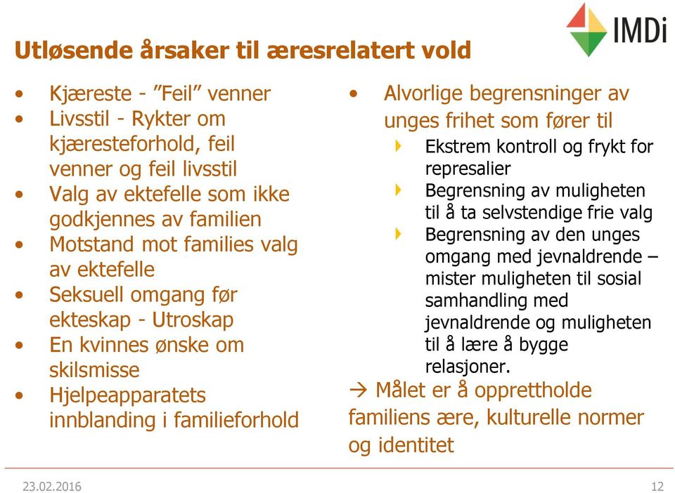 av unges frihet som fører til Ekstrem kontroll og frykt for represalier Begrensning av muligheten til å ta selvstendige frie valg Begrensning av den unges omgang med jevnaldrende