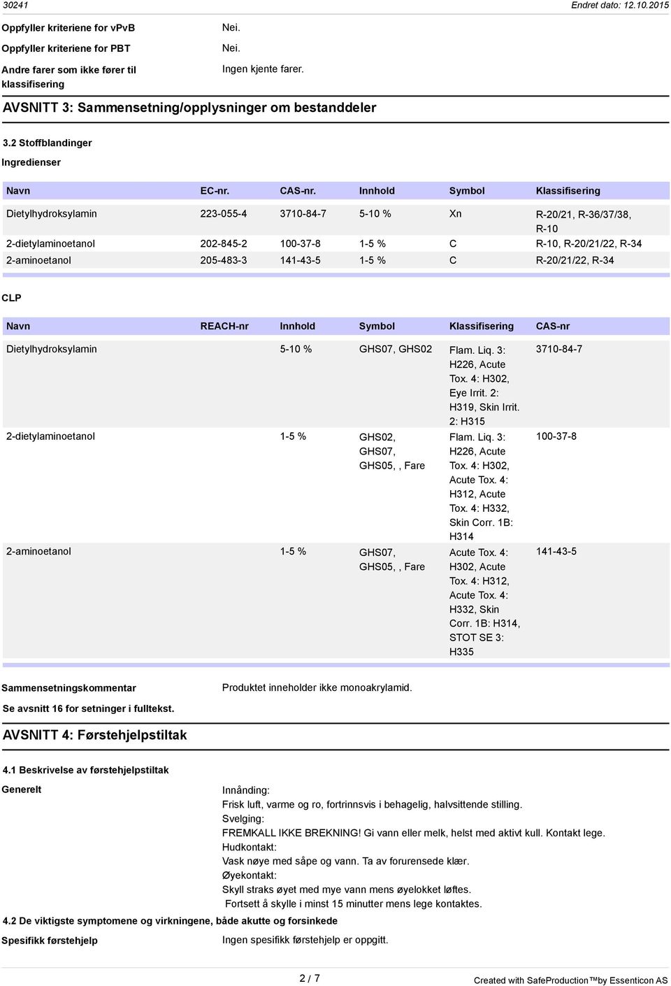 Innhold Symbol Klassifisering Dietylhydroksylamin 223-055-4 3710-84-7 5-10 % Xn R-20/21, R-36/37/38, R-10 2-dietylaminoetanol 202-845-2 100-37-8 1-5 % C R-10, R-20/21/22, R-34 2-aminoetanol 205-483-3