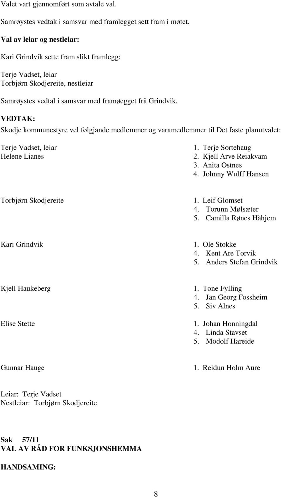 Skodje kommunestyre vel følgjande medlemmer og varamedlemmer til Det faste planutvalet: Terje Vadset, leiar Helene Lianes 1. Terje Sortehaug 2. Kjell Arve Reiakvam 3. Anita Ostnes 4.