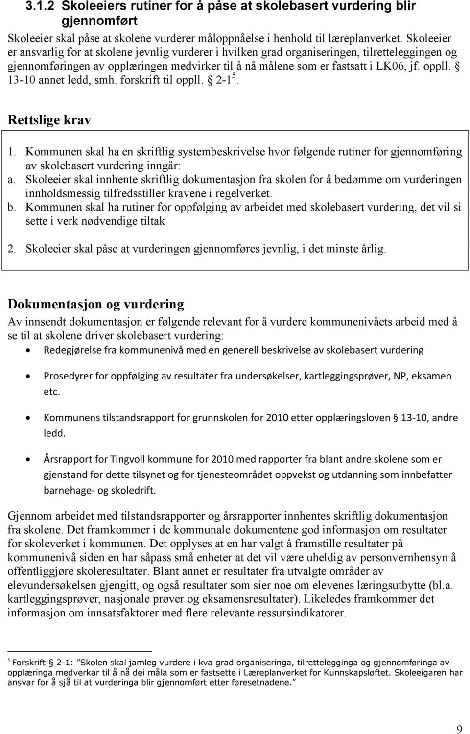 13-10 annet ledd, smh. forskrift til oppll. 2-1 5. Rettslige krav 1. Kommunen skal ha en skriftlig systembeskrivelse hvor følgende rutiner for gjennomføring av skolebasert vurdering inngår: a.