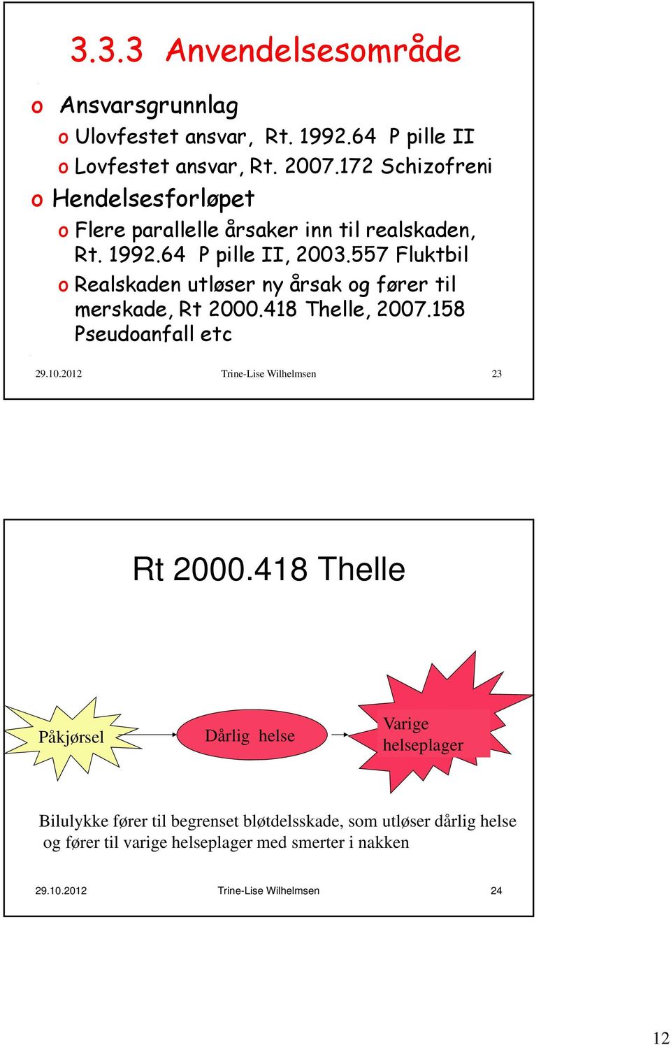 557 Fluktbil o Realskaden utløser ny årsak og fører til merskade, Rt 2000.418 Thelle, 2007.158 Pseudoanfall etc 29.10.