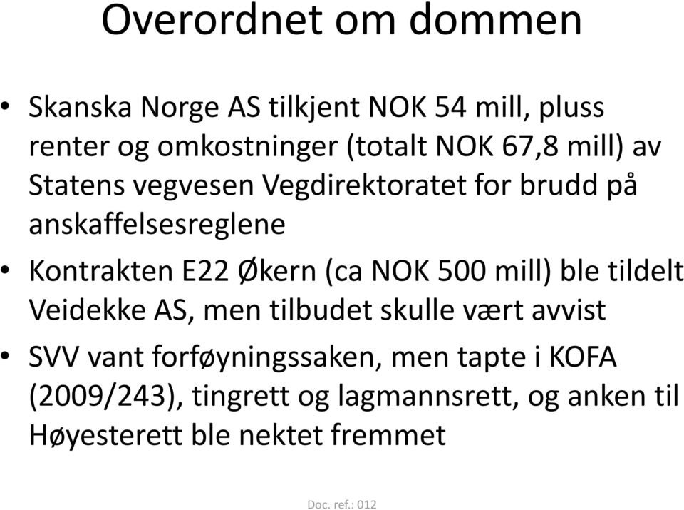 (ca NOK 500 mill) ble tildelt Veidekke AS, men tilbudet skulle vært avvist SVV vant