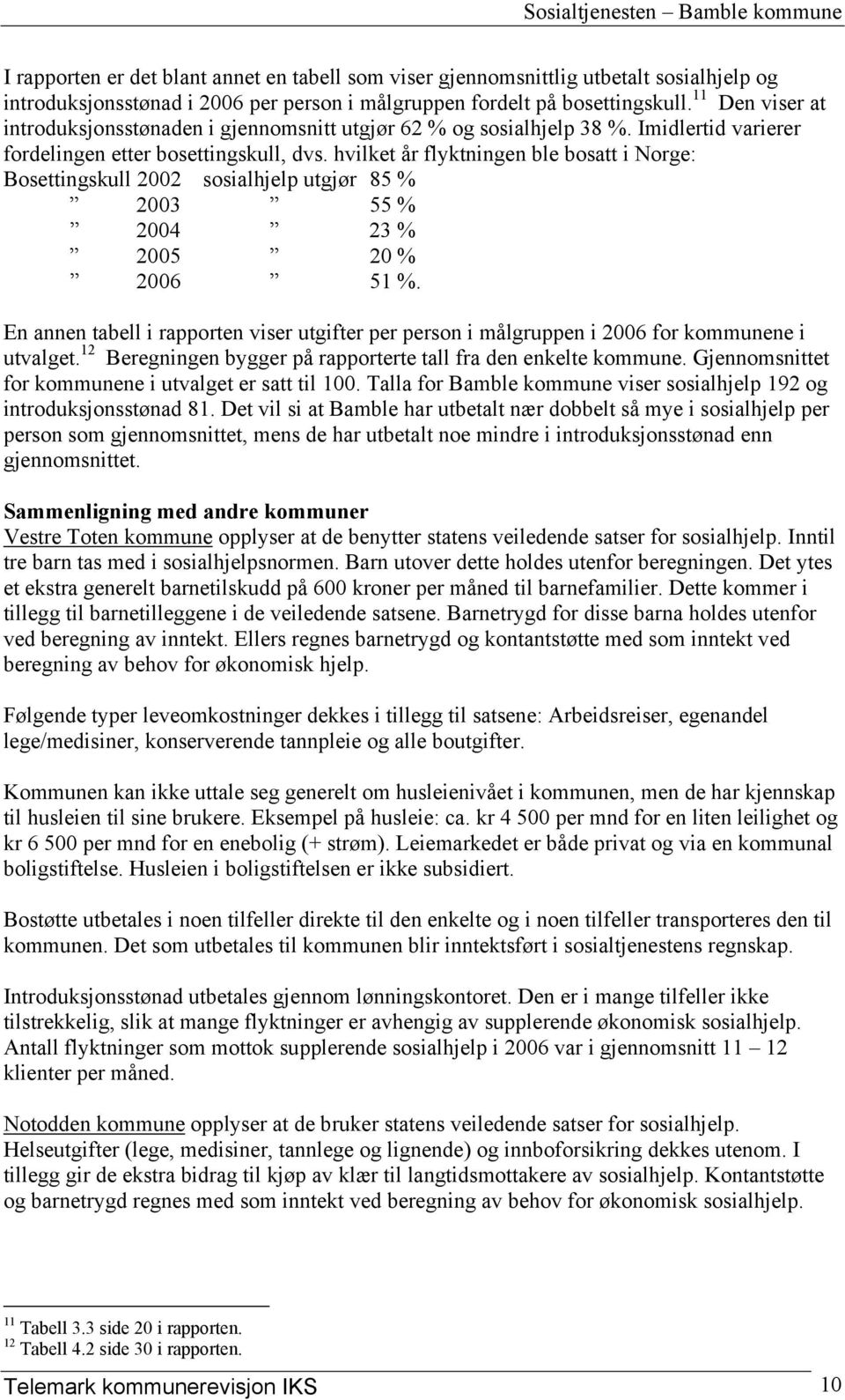 hvilket år flyktningen ble bosatt i Norge: Bosettingskull 2002 sosialhjelp utgjør 85 % 2003 55 % 2004 23 % 2005 20 % 2006 51 %.