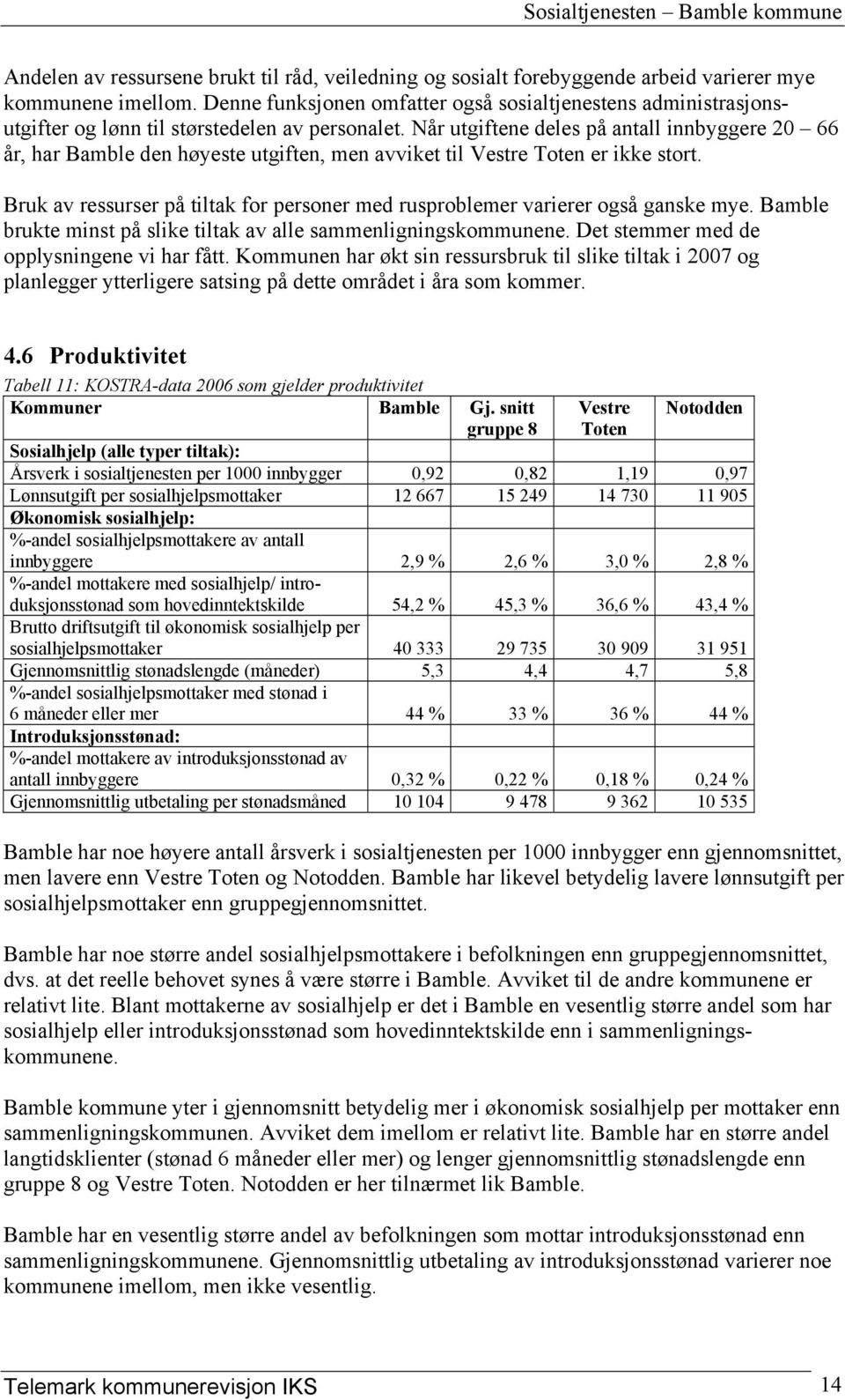 Når utgiftene deles på antall innbyggere 20 66 år, har Bamble den høyeste utgiften, men avviket til Vestre Toten er ikke stort.