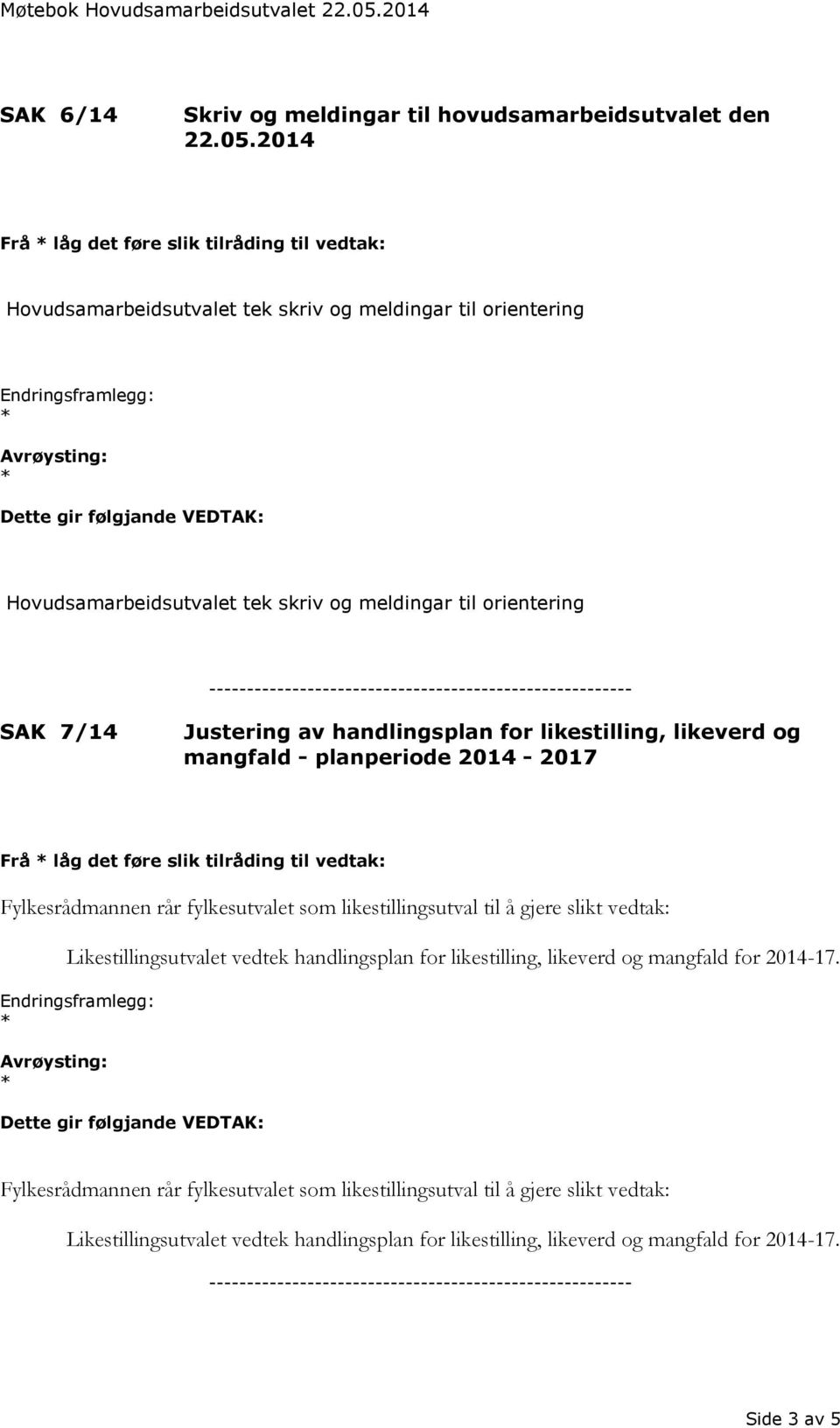 Justering av handlingsplan for likestilling, likeverd og mangfald - planperiode 2014-2017 Frå låg det føre slik tilråding til vedtak: Fylkesrådmannen rår fylkesutvalet som