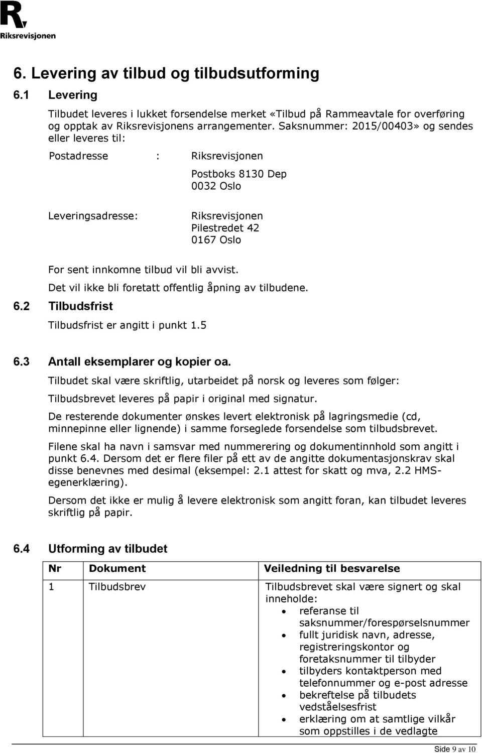 bli avvist. Det vil ikke bli foretatt offentlig åpning av tilbudene. 6.2 Tilbudsfrist Tilbudsfrist er angitt i punkt 1.5 6.3 Antall eksemplarer og kopier oa.