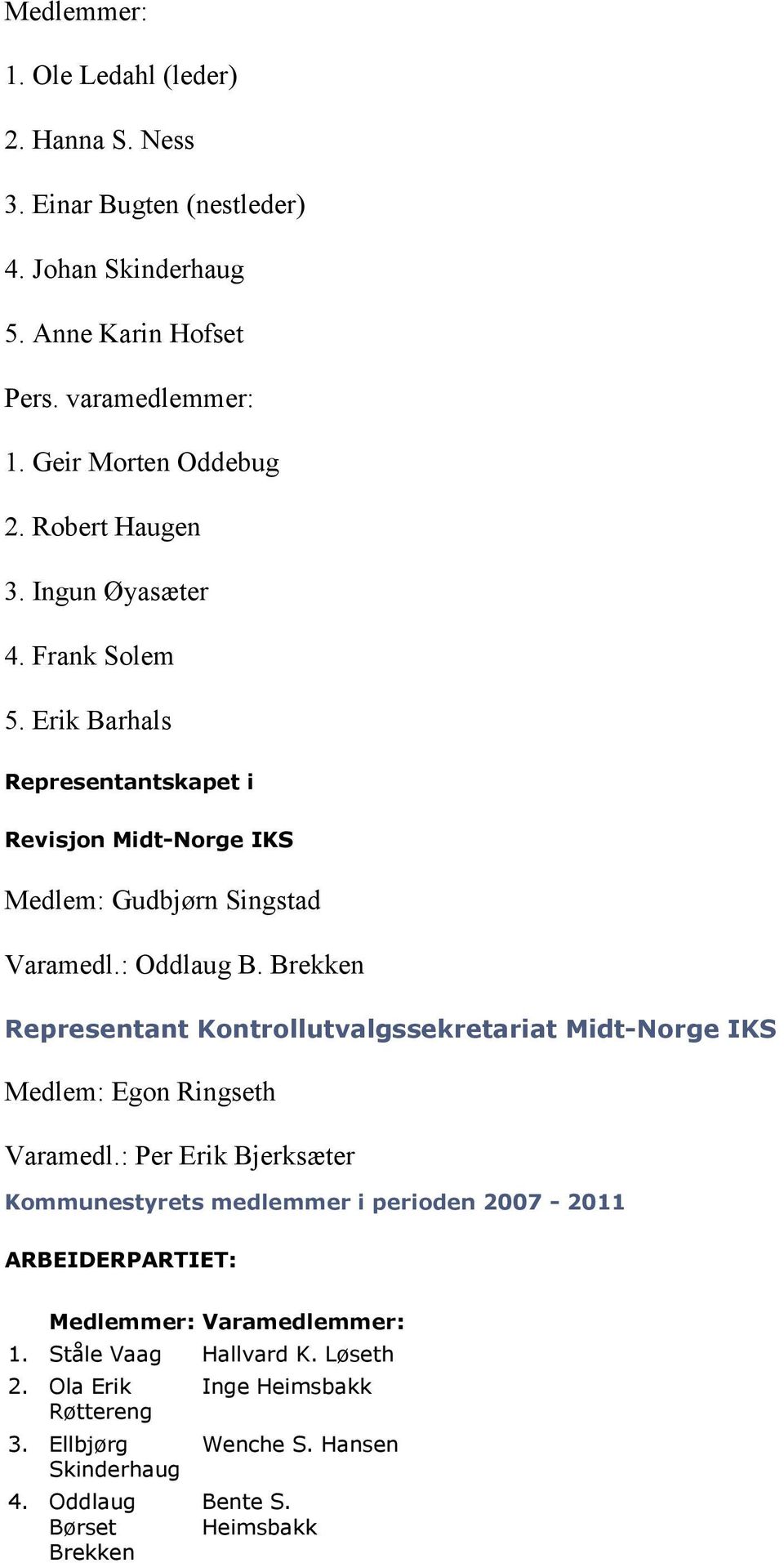 Brekken Representant Kontrollutvalgssekretariat Midt-Norge IKS Medlem: Egon Ringseth Varamedl.