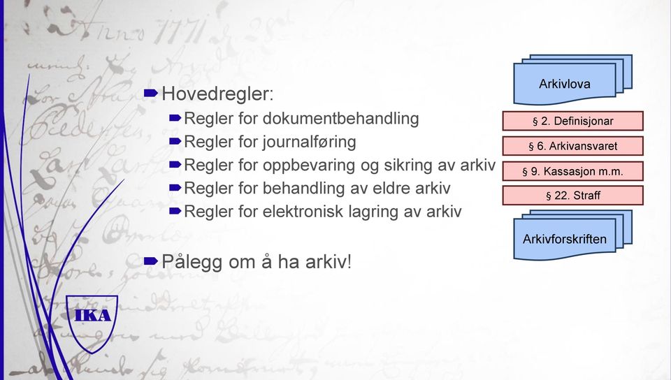 Regler for elektronisk lagring av arkiv Pålegg om å ha arkiv! Arkivlova 2.