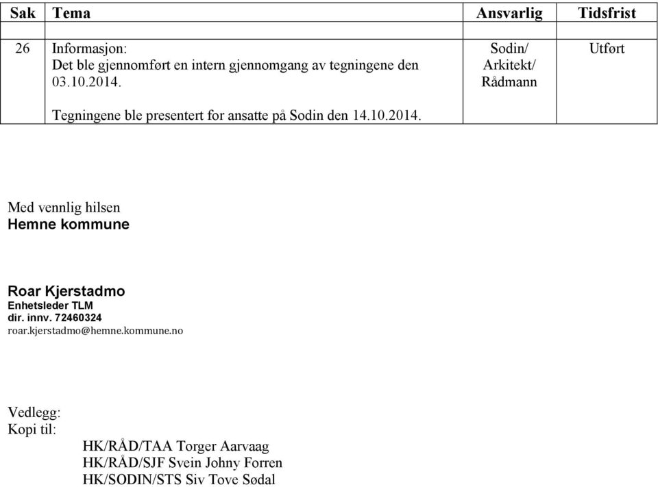 / Rådmann Utført Med vennlig hilsen Hemne kommune Roar Kjerstadmo Enhetsleder TLM dir. innv.