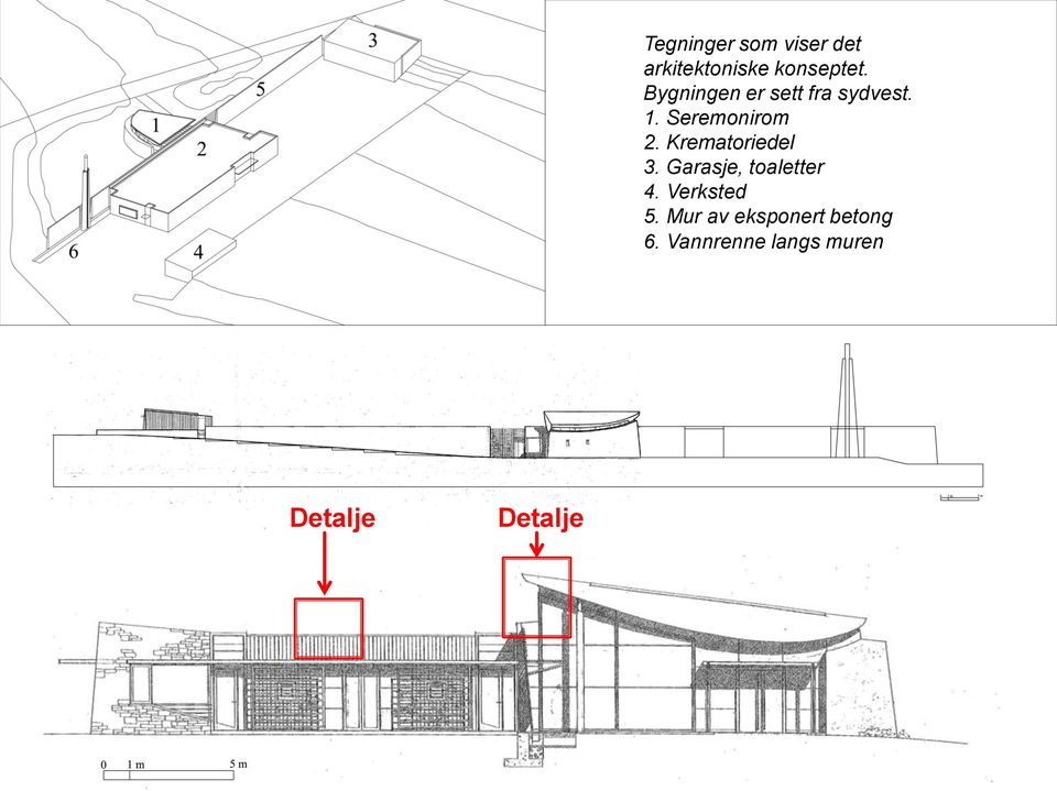 Krematoriedel 3. Garasje, toaletter 4. Verksted 5.