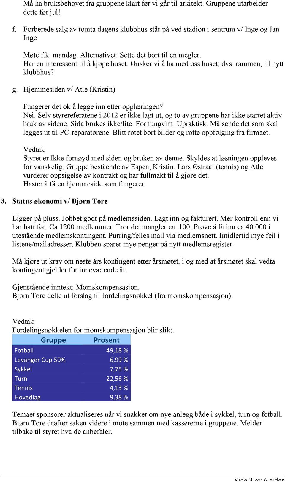 Hjemmesiden v/ Atle (Kristin) Fungerer det ok å legge inn etter opplæringen? Nei. Selv styrereferatene i 2012 er ikke lagt ut, og to av gruppene har ikke startet aktiv bruk av sidene.