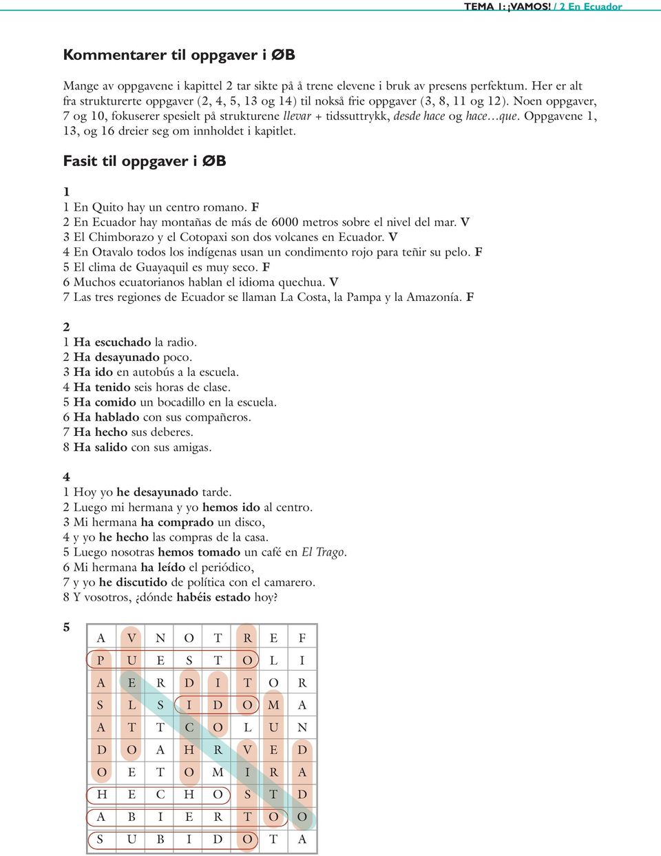 Noen oppgaver, 7 og 10, fokuserer spesielt på strukturene llevar + tidssuttrykk, desde hace og hace que. Oppgavene 1, 13, og 16 dreier seg om innholdet i kapitlet.