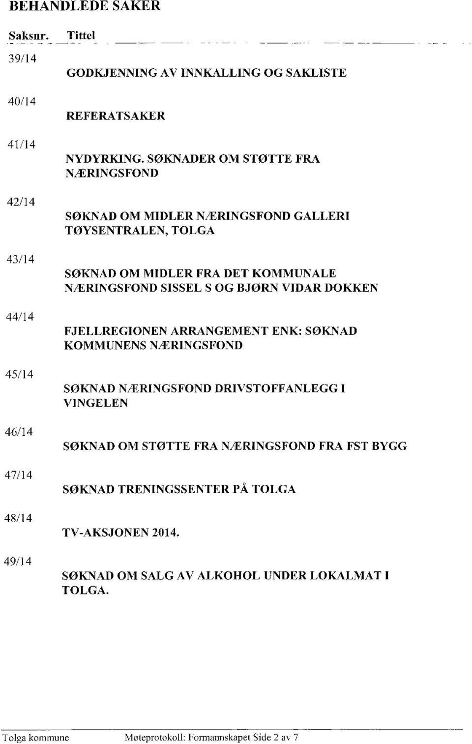 VIDAR DOKKEN FJELLREGIONEN ARRANGEMENT ENK: SØKNAD KOMMUNENS NÆRINGSFOND SØKNAD NÆRINGSFOND DRIVSTOFFANLEGG I VINGELEN SØKNAD OM STØTTE FRA NÆRINGSFOND FRA