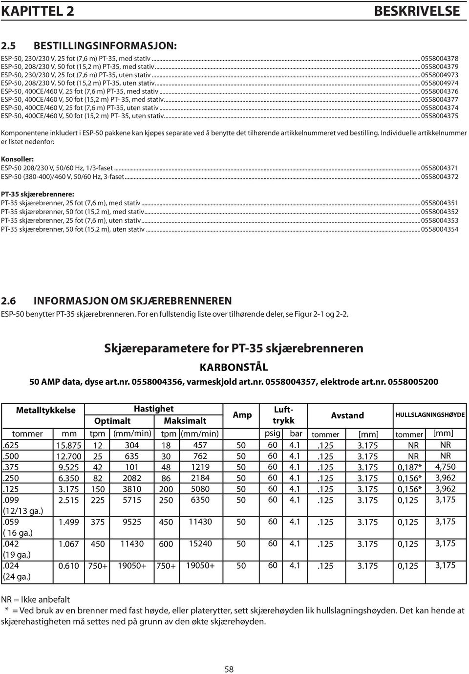 ..0558004376 ESP-, 400CE/4 V, fot (15,2 m) PT- 35, med stativ...0558004377 ESP-, 400CE/4 V, 25 fot (7,6 m) PT-35, uten stativ...0558004374 ESP-, 400CE/4 V, fot (15,2 m) PT- 35, uten stativ.