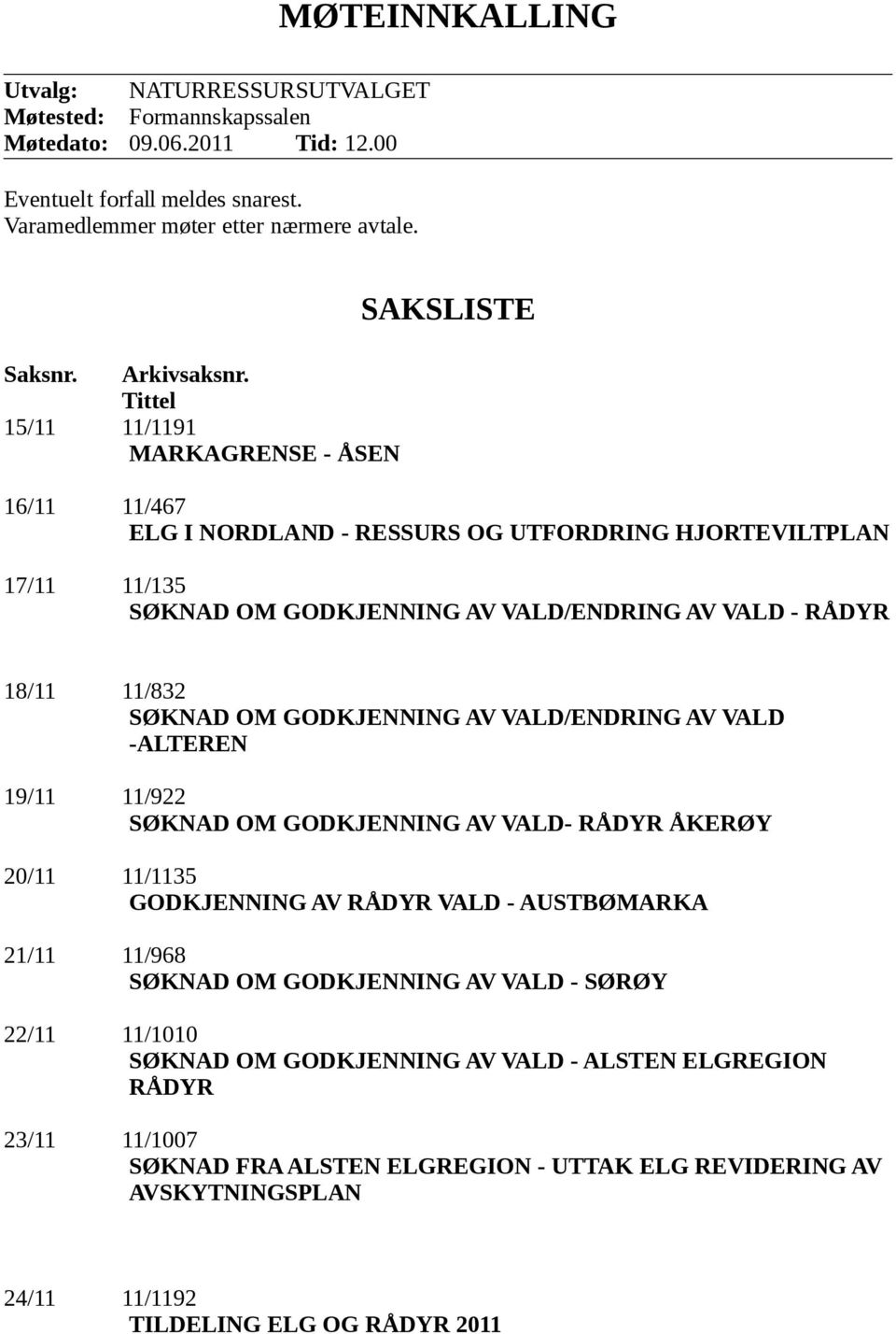 Tittel /9 MARKAGRENSE - ÅSEN 6/ /467 ELG I NORDLAND - RESSURS OG UTFORDRING HJORTEVILTPLAN 7/ /35 SØKNAD OM GODKJENNING AV VALD/ENDRING AV VALD - RÅDYR 8/ /832 SØKNAD OM GODKJENNING AV