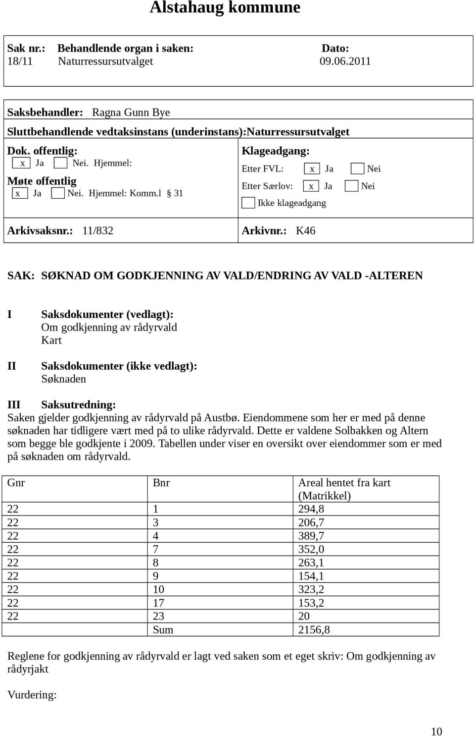 : K46 SAK: SØKNAD OM GODKJENNING AV VALD/ENDRING AV VALD -ALTEREN I Saksdokumenter (vedlagt): Om godkjenning av rådyrvald Kart II Saksdokumenter (ikke vedlagt): Søknaden III Saksutredning: Saken