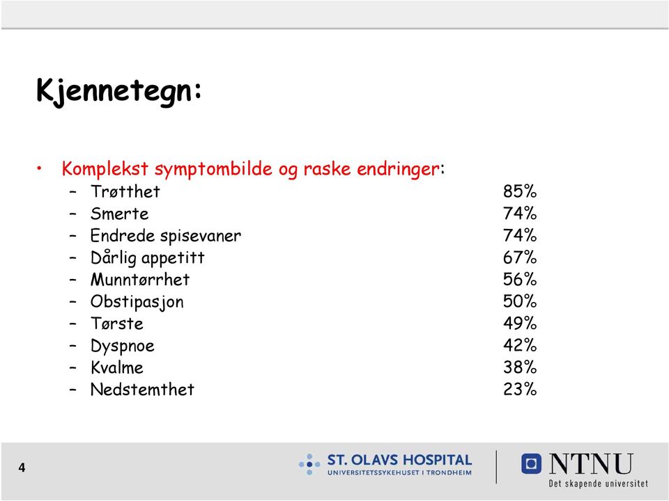 spisevaner 74% Dårlig appetitt 67% Munntørrhet 56%