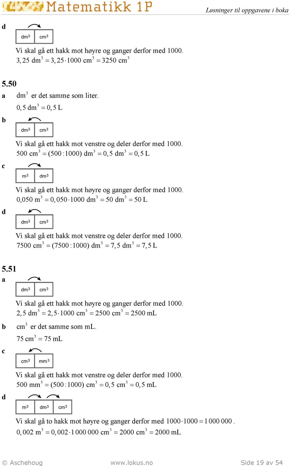 0,050 m 0,050 1000 dm 50 dm 50 L Vi skl gå ett hkk mot venstre og deler derfor med 1000. 7500 m (7500 :1000) dm 7,5 dm 7,5 L 5.51 Vi skl gå ett hkk mot høyre og gnger derfor med 1000.