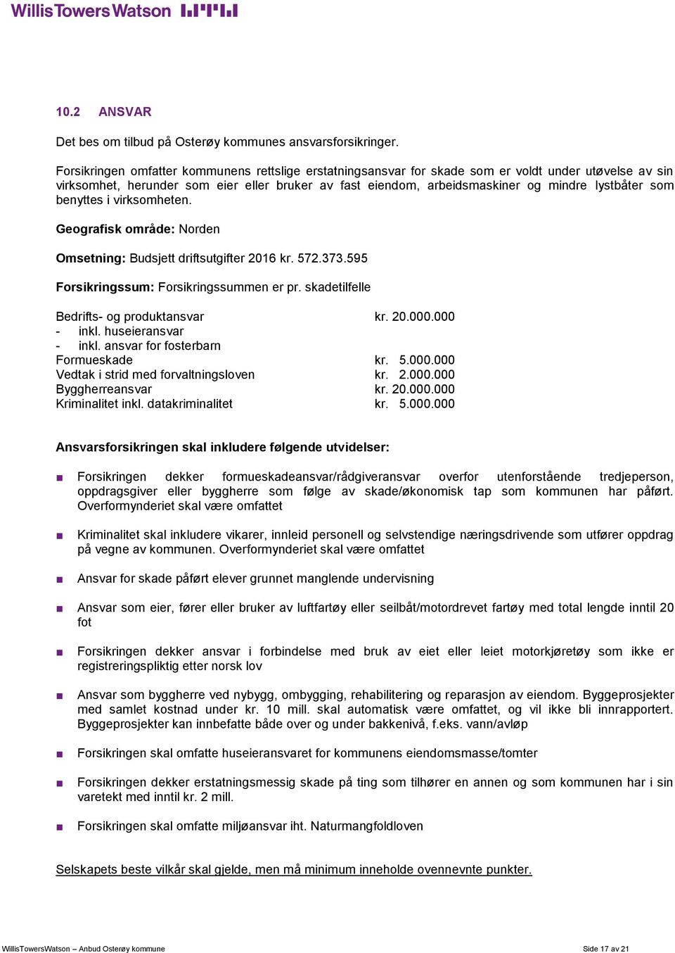 lystbåter som benyttes i virksomheten. Geografisk område: Norden Omsetning: Budsjett driftsutgifter 2016 kr. 572.373.595 Forsikringssum: Forsikringssummen er pr.