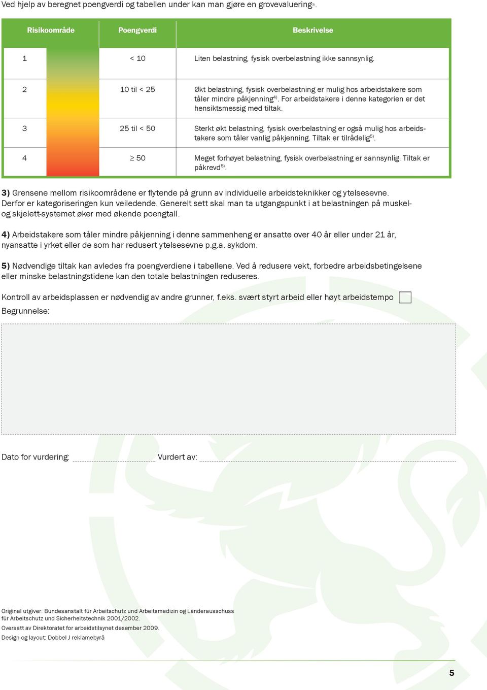 3 5 til < 50 Sterkt økt belastning, fysisk overbelastning er også mulig hos arbeidstakere som tåler vanlig påkjenning. Tiltak er tilrådelig 5).