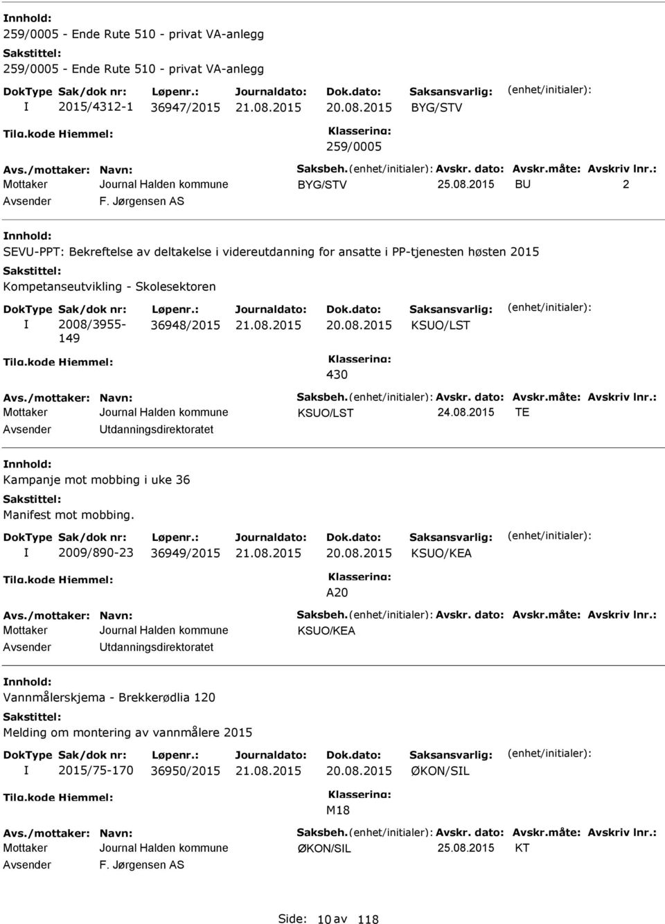 Jørgensen AS nnhold: SVU-T: Bekreftelse av deltakelse i videreutdanning for ansatte i -tjenesten høsten 2015 Kompetanseutvikling - Skolesektoren Sak/dok nr: 2008/3955-149 Løpenr.