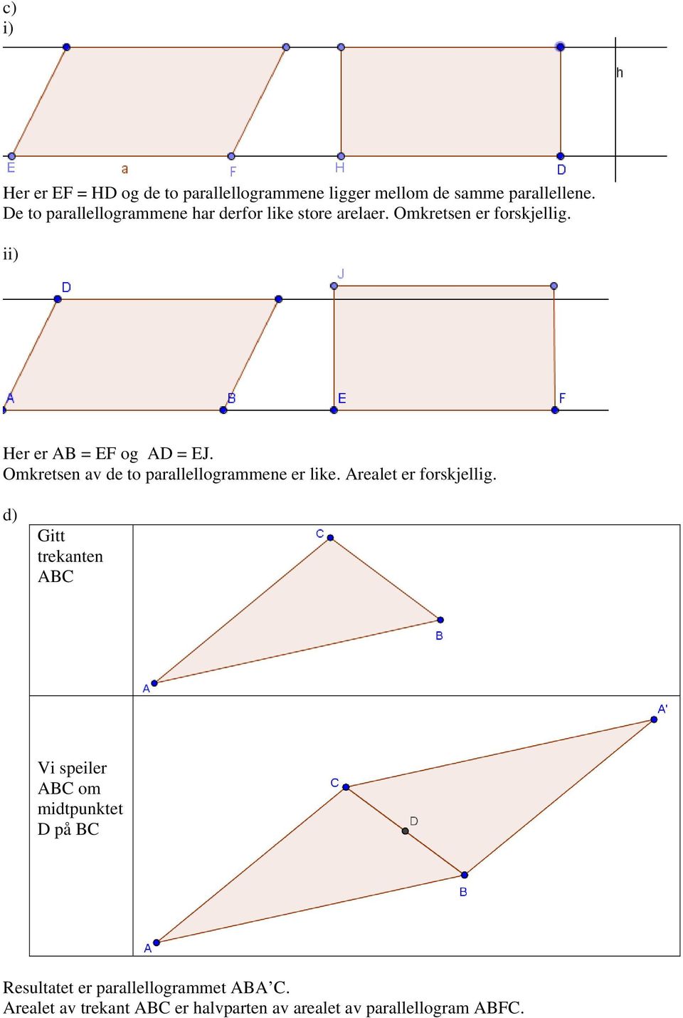 ii) Her er AB = EF og AD = EJ. Omkretsen av de to parallellogrammene er like. Arealet er forskjellig.