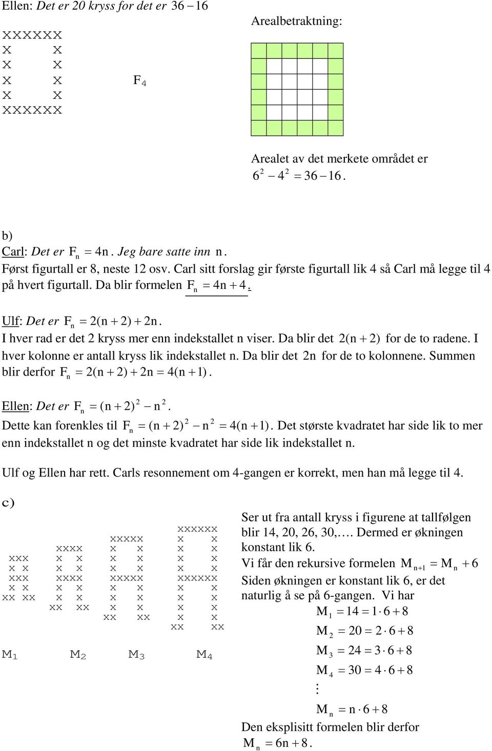 I hver rad er det 2 kryss mer enn indekstallet n viser. Da blir det 2 (n + 2) for de to radene. I hver kolonne er antall kryss lik indekstallet n. Da blir det 2n for de to kolonnene.