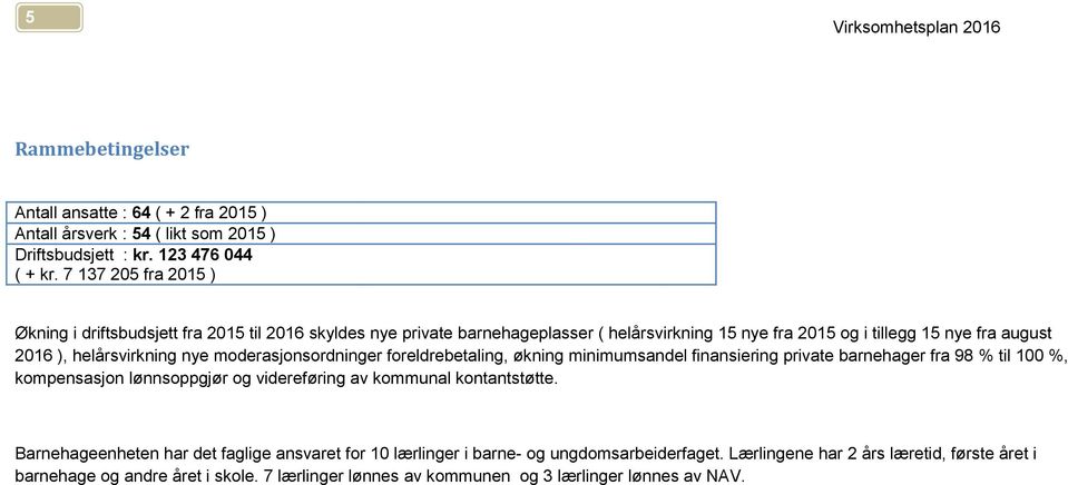 helårsvirkning nye moderasjonsordninger foreldrebetaling, økning minimumsandel finansiering private barnehager fra 98 % til 100 %, kompensasjon lønnsoppgjør og videreføring av kommunal