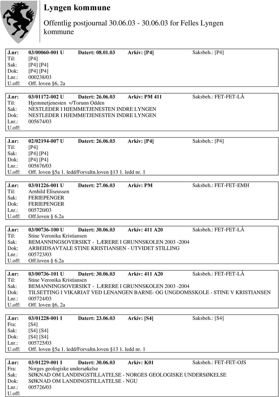 ledd/forvaltn.loven 13 1. ledd nr. 1 -QU 8 'DWHUW $UNLY30 Saksbeh.: FET-FET-EMH Til: Arnhild Eliseussen Sak: FERIEPENGER Dok: FERIEPENGER Lnr.: 005720/03 Off.loven 6.