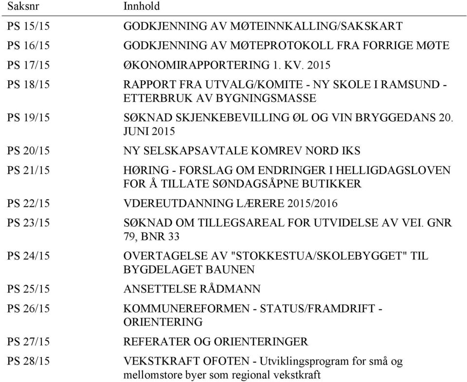 JUNI 2015 PS 20/15 PS 21/15 NY SELSKAPSAVTALE KOMREV NORD IKS HØRING - FORSLAG OM ENDRINGER I HELLIGDAGSLOVEN FOR Å TILLATE SØNDAGSÅPNE BUTIKKER PS 22/15 VDEREUTDANNING LÆRERE 2015/2016 PS 23/15 PS