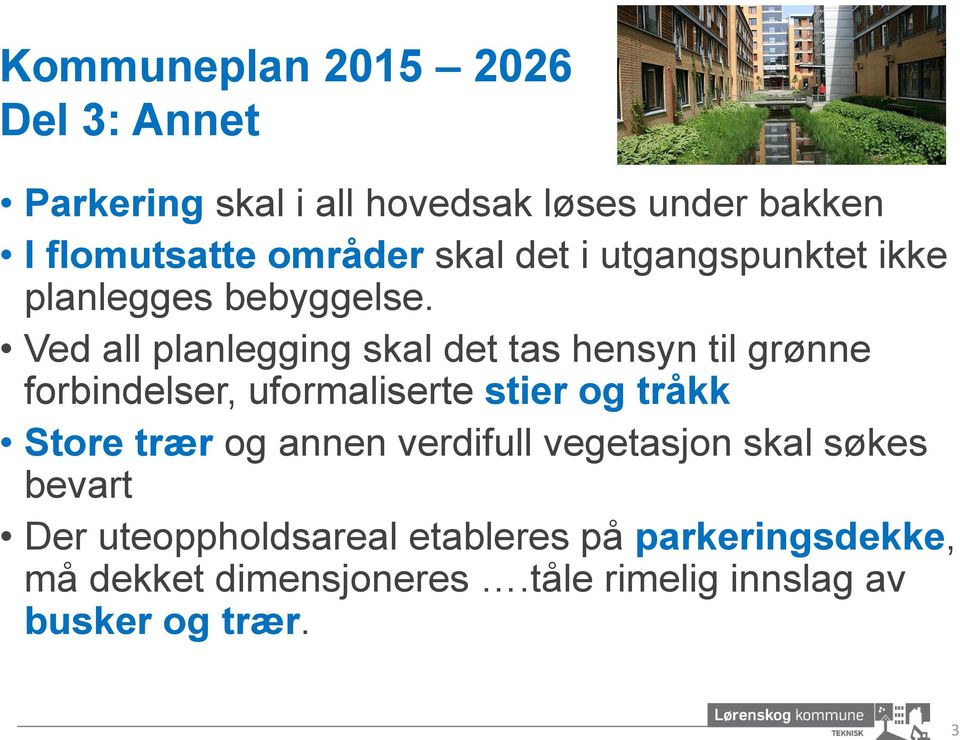 Ved all planlegging skal det tas hensyn til grønne forbindelser, uformaliserte stier og tråkk Store trær og