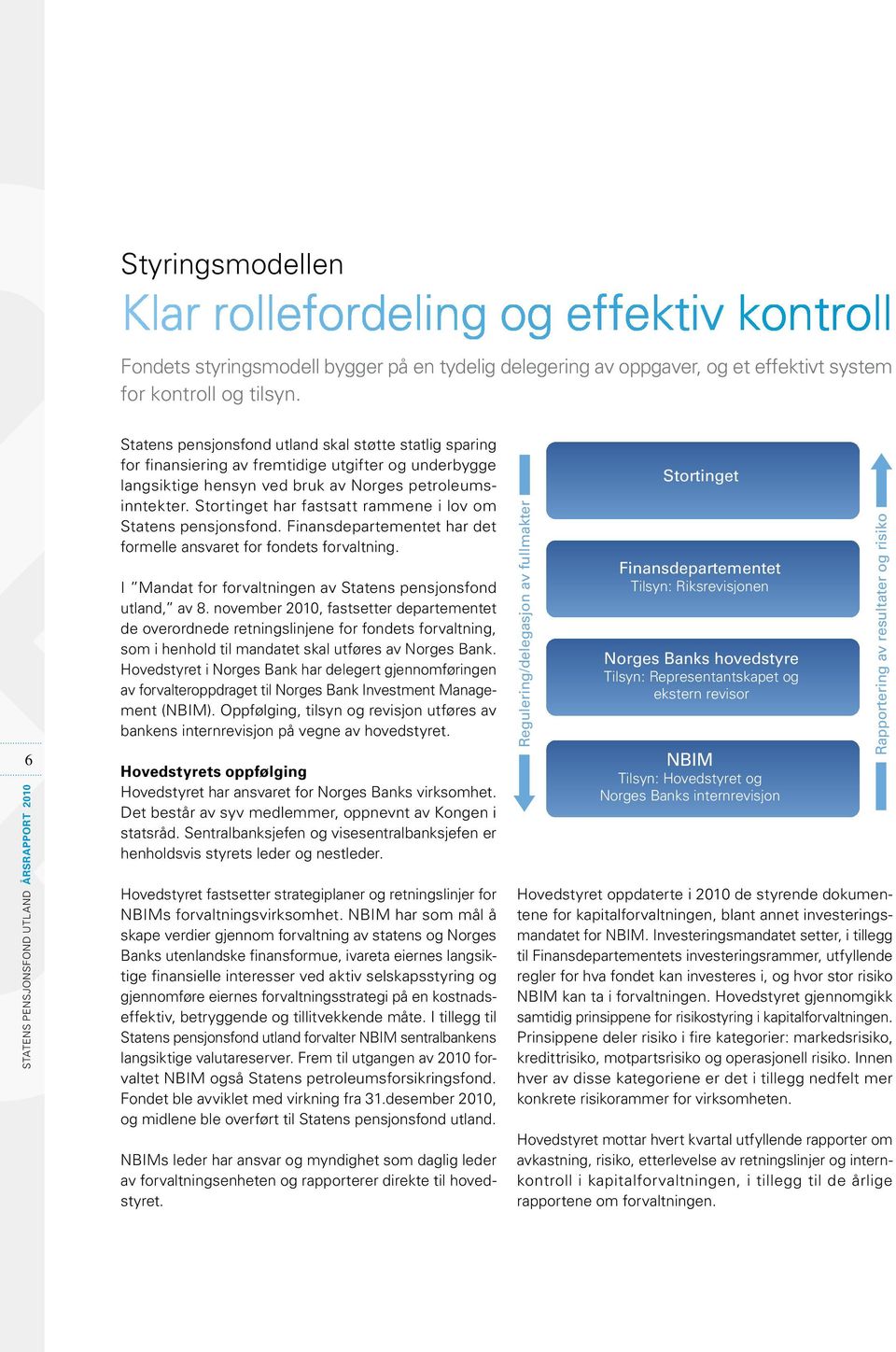 Stortinget har fastsatt rammene i lov om Statens pensjonsfond. Finansdepartementet har det formelle ansvaret for fondets forvaltning.