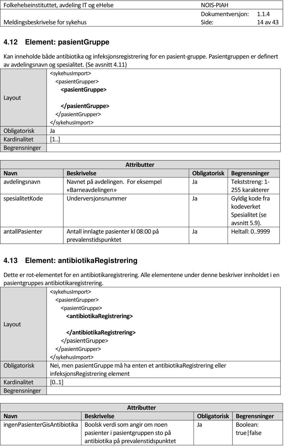 For eksempel «Barneavdelingen» Ja Tekststreng: 1-255 karakterer spesialitetkode Underversjonsnummer Ja Gyldig kode fra kodeverket Spesialitet (se avsnitt 5.9).