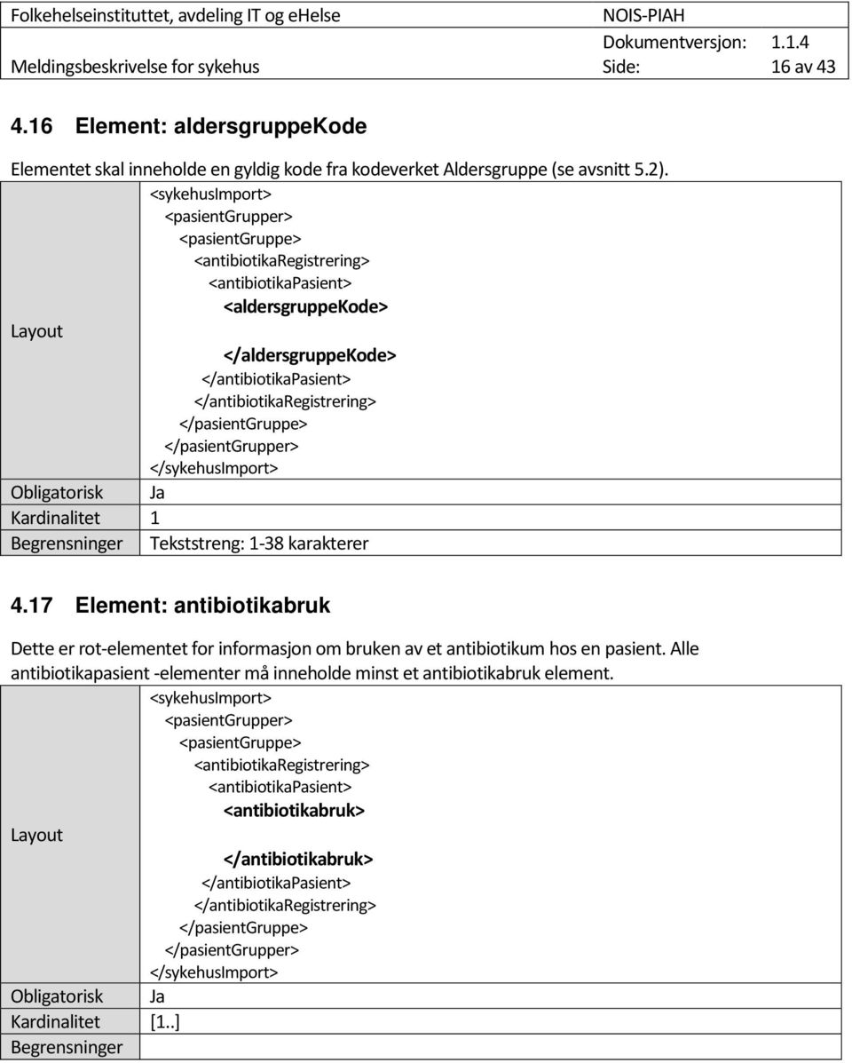 17 Element: antibiotikabruk Dette er rot-elementet for informasjon om bruken av et antibiotikum hos en pasient.