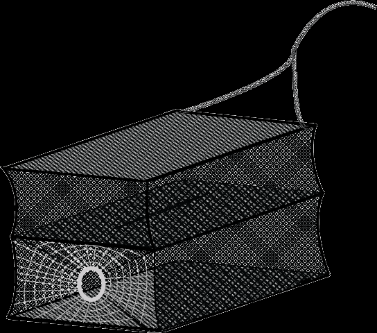 På hver kortside i nedre etasje er det koniske innganger (teinekalv) av nylon monofilamentnett. Agnposen er plassert sentrert i nedre etasje (mellom teinekalvene).