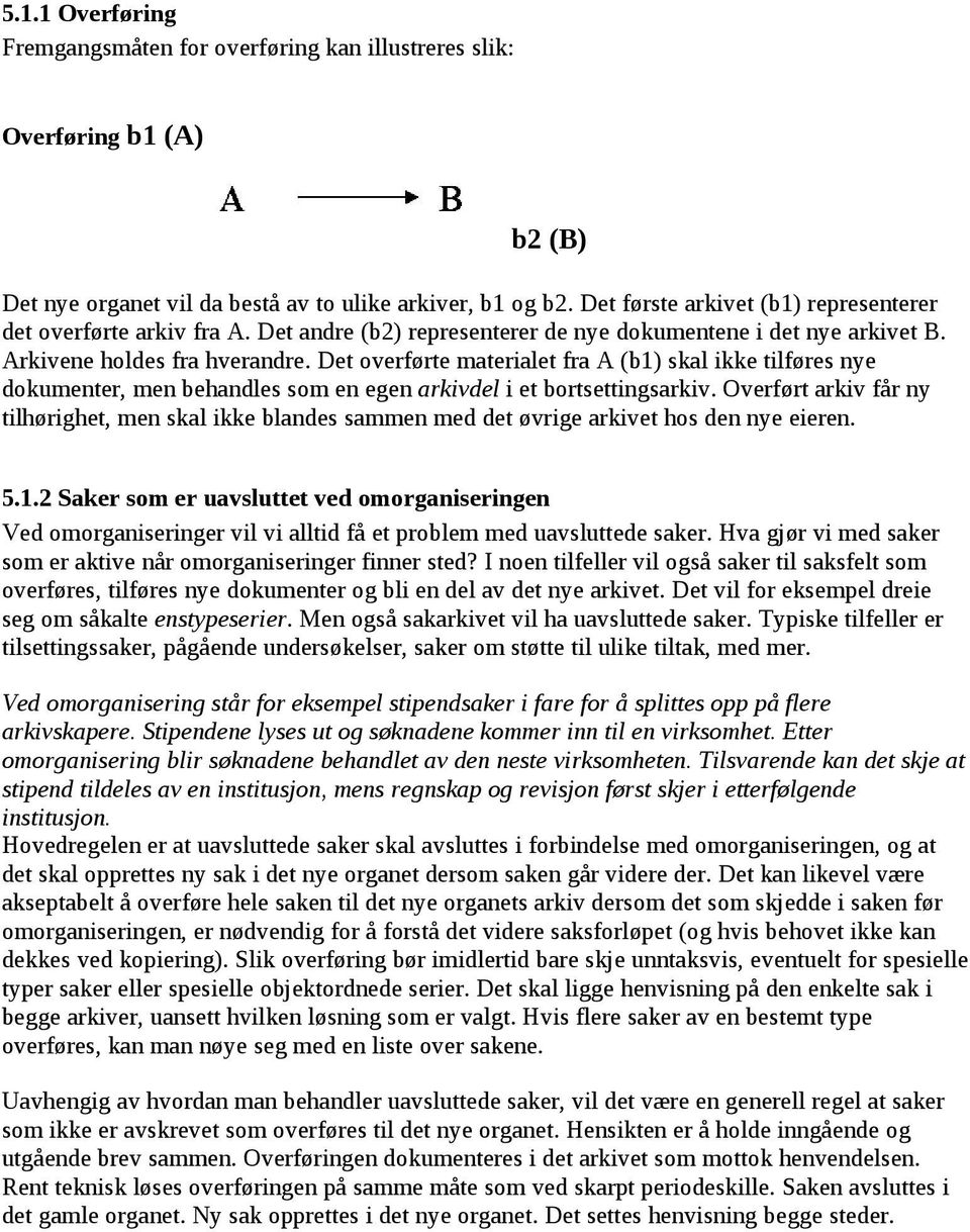 Det overførte materialet fra A (b1) skal ikke tilføres nye dokumenter, men behandles som en egen arkivdel i et bortsettingsarkiv.