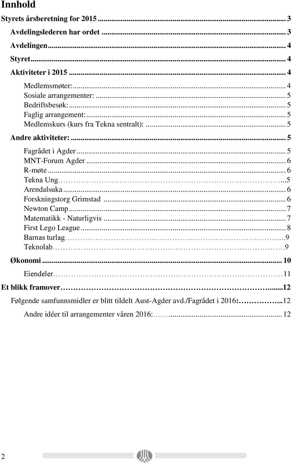 .. 6 Tekna Ung...5 Arendalsuka... 6 Forskningstorg Grimstad... 6 Newton Camp... 7 Matematikk - Naturligvis... 7 First Lego League... 8 Barnas turlag...9 Teknolab.