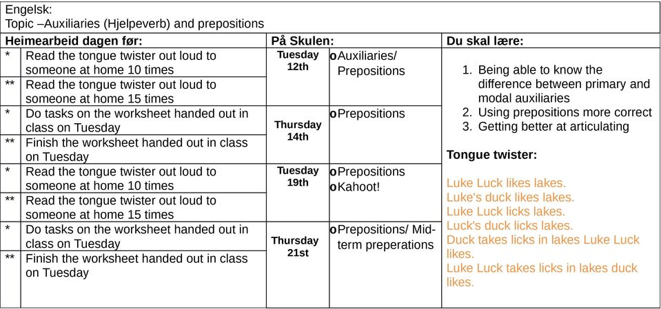 home 10 times ** Read the tongue twister out loud to someone at home 15 times * Do tasks on the worksheet handed out in class on Tuesday ** Finish the worksheet handed out in class on Tuesday Tuesday