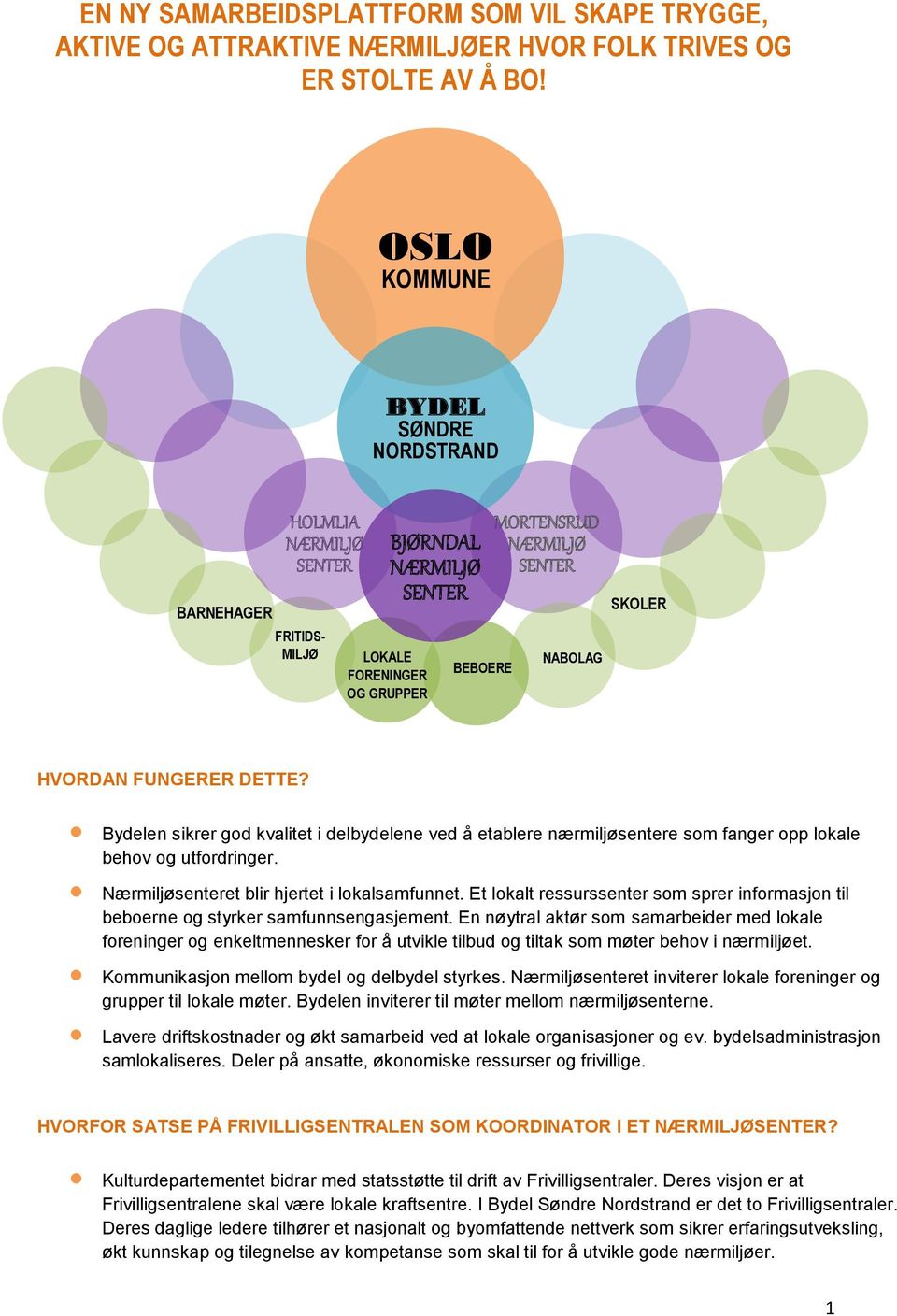 FUNGERER DETTE? Bydelen sikrer god kvalitet i delbydelene ved å etablere nærmiljøsentere som fanger opp lokale behov og utfordringer. Nærmiljøsenteret blir hjertet i lokalsamfunnet.
