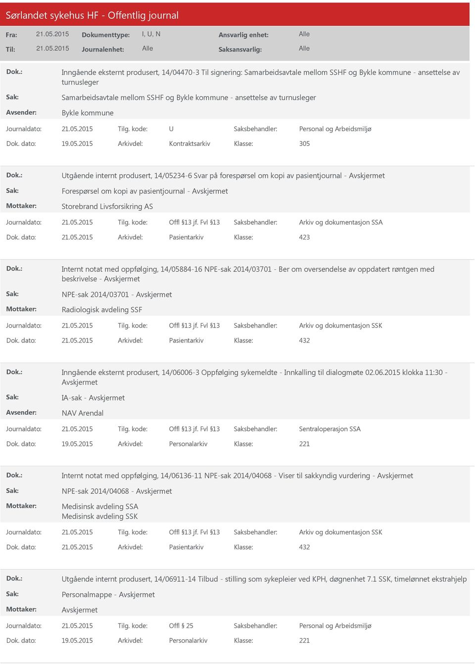 2015 Arkivdel: Kontraktsarkiv 305 tgående internt produsert, 14/05234-6 Svar på forespørsel om kopi av pasientjournal - Forespørsel om kopi av pasientjournal - Storebrand Livsforsikring AS Arkiv og