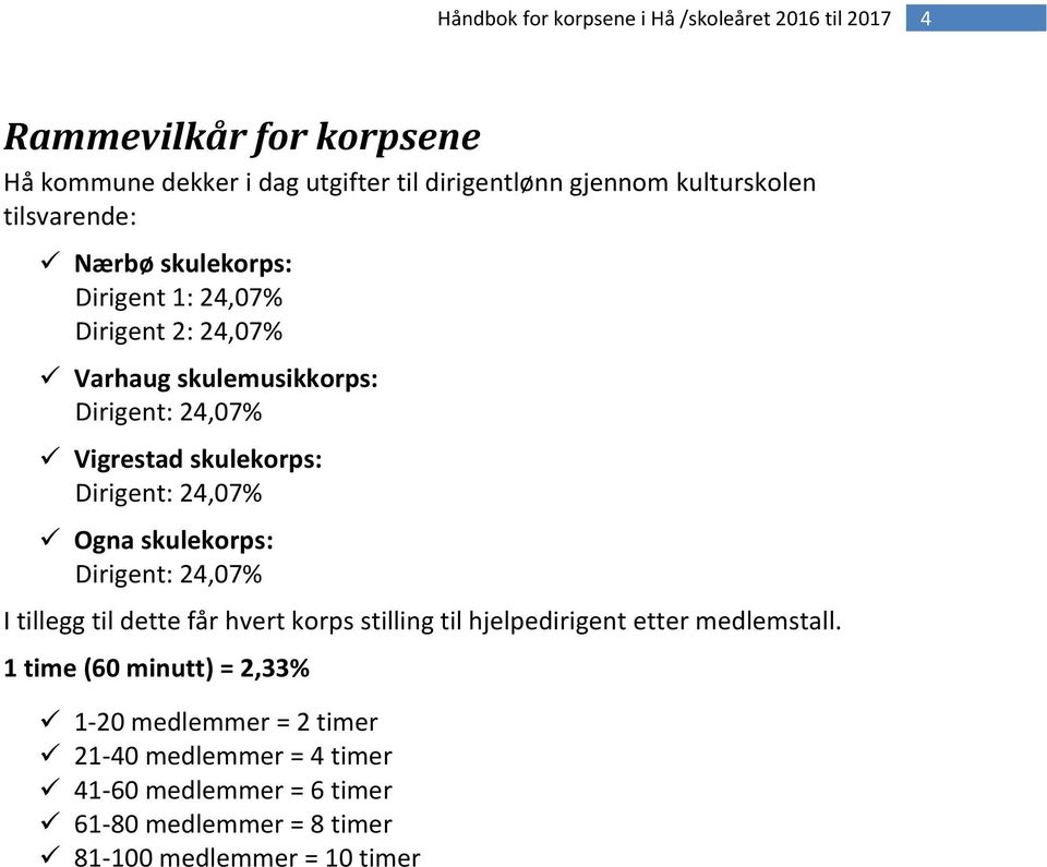 skulekorps: Dirigent: 24,07% I tillegg til dette får hvert korps stilling til hjelpedirigent etter medlemstall.