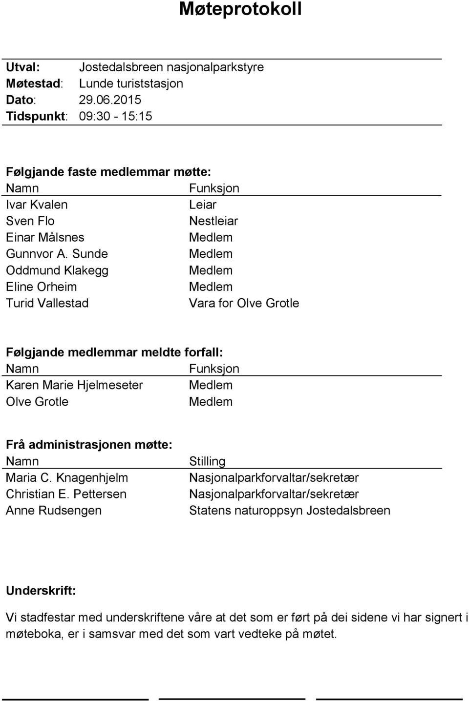 Sunde Medlem Oddmund Klakegg Medlem Eline Orheim Medlem Turid Vallestad Vara for Olve Grotle Følgjande medlemmar meldte forfall: Namn Funksjon Karen Marie Hjelmeseter Medlem Olve Grotle Medlem Frå